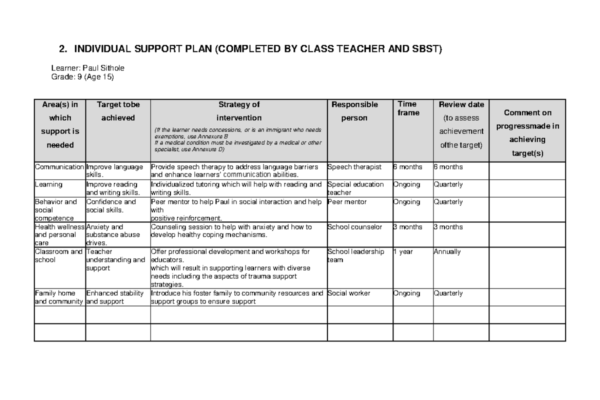 individual support plan examples